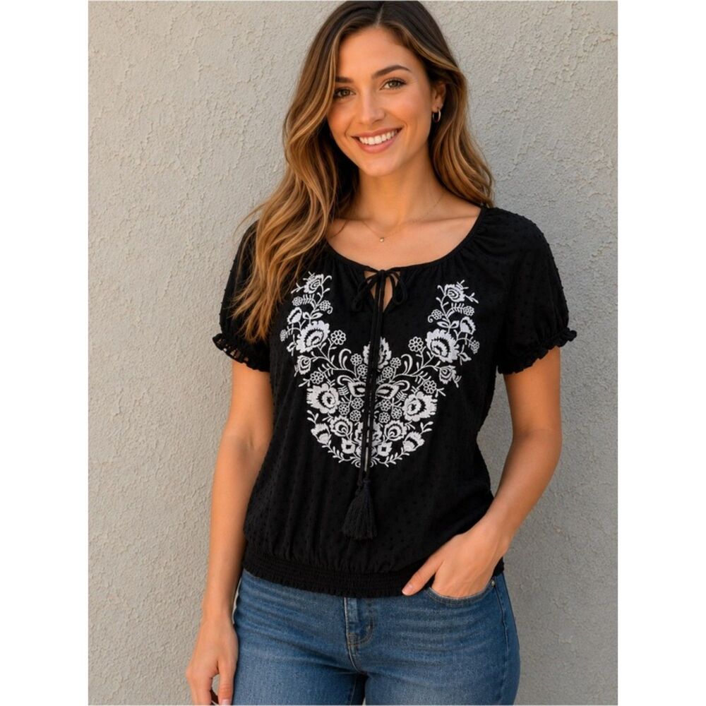Romeo & Juliet Black Swiss Dot Embroidered Boho Floral Tassel Tie Peasant Top